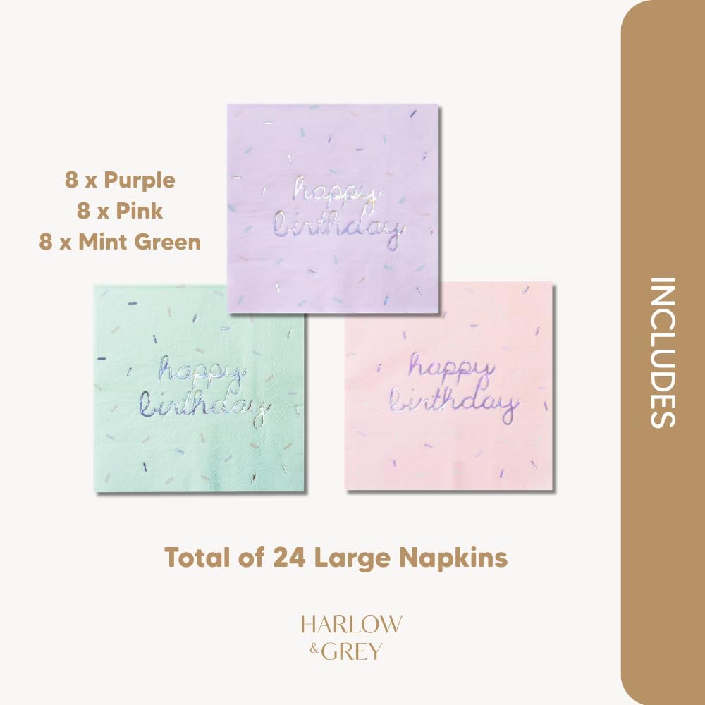 Harlow and Grey Sprinkles happy birthday napkins in pastel pink, mint and purple with holographic fo - view 3