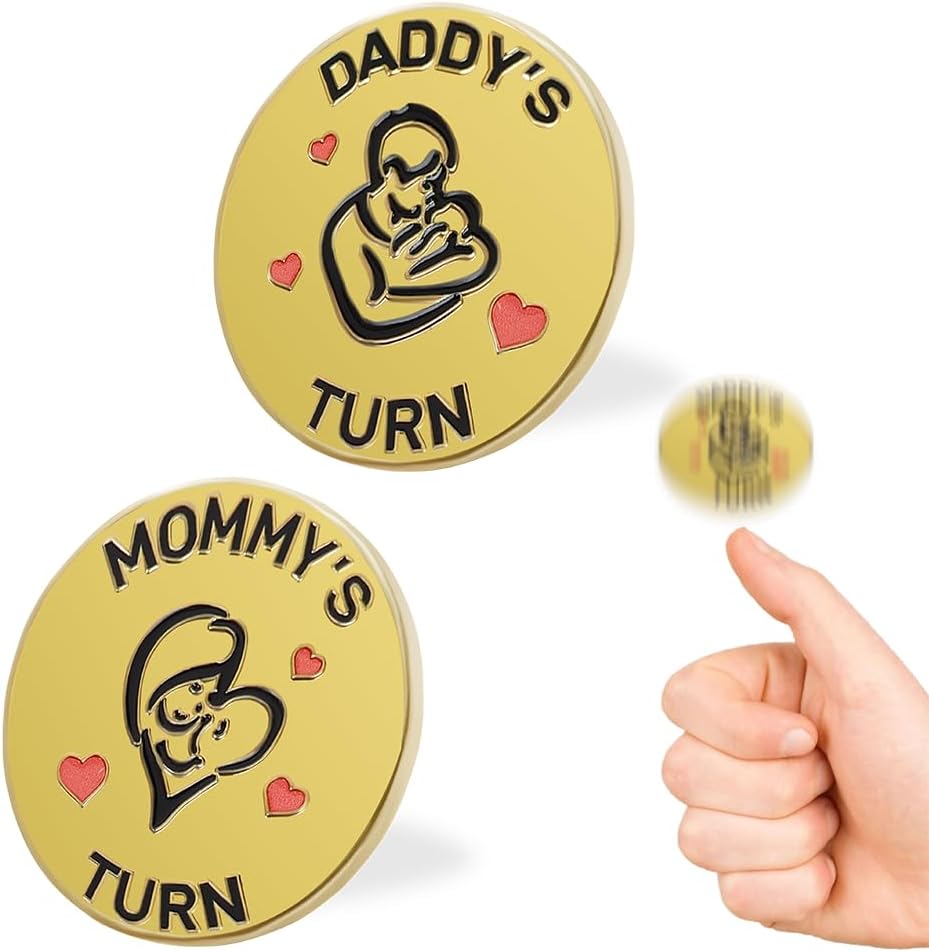 Vichona new parent decision coin reading Mommy's Turn and Daddy's Turn