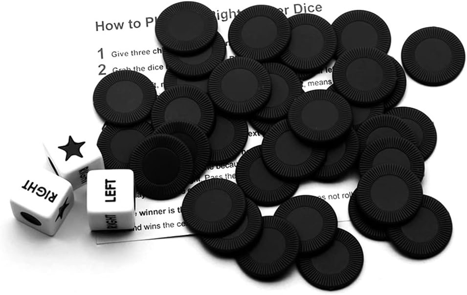Bilywey Left Right Dice Game Set with 3 Dices + 36 Black Chips – Fun for Kids & Family - Black - image 3