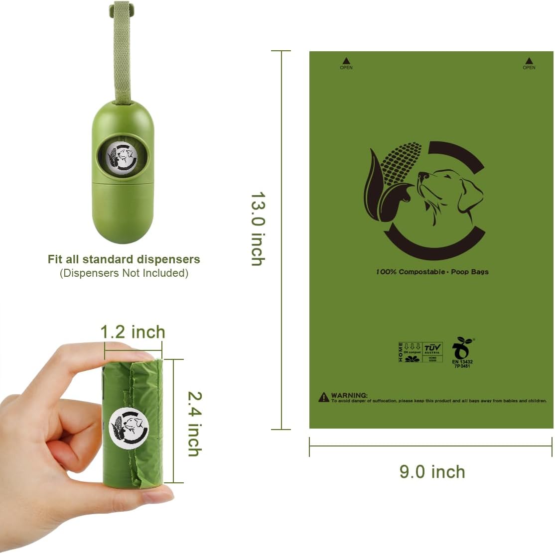 Certified Home Compostable Dog Poop Bags, 270 Plant Based Bags – Essentials for Dogs - Forest Green / 15 Count (Pack of 8) - image 4