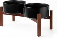 SPUNKYJUNKY Ceramic Dog Bowls with Acacia Wood Stand - 42.27 oz / Black