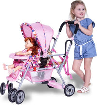Joovy Toy Caboose baby doll stroller in Pink Dot with reclining front seat, canopy and storage basket