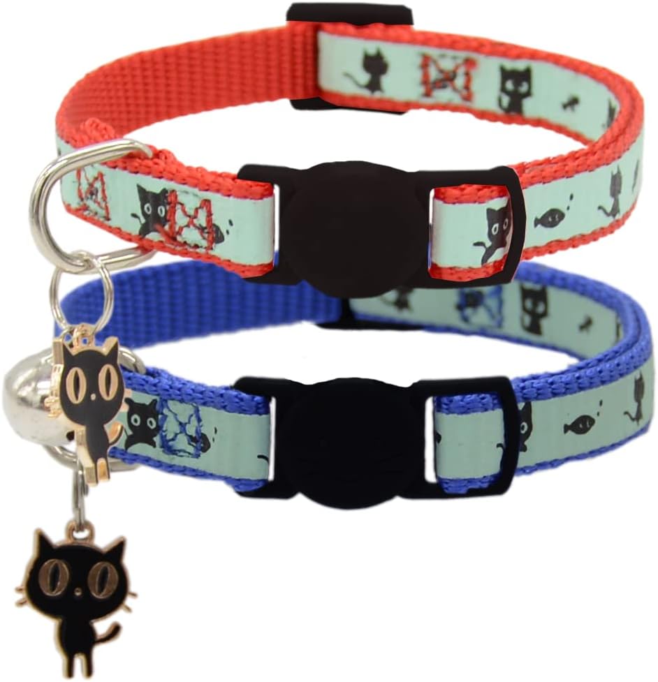 2 Pack Glow in The Dark Cat Collar with Bell Breakaway Safety Cat - Red & Navy Blue / Cat & Fish