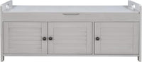 Storage Bench with 3 Shutter-Shaped Doors, Wood Shoe Bench with Removable Cushion and Hidden Storage Space for Entryway, Living Room, Hallway 43.5" L*16" W*18" H (Gray Wash Pine)