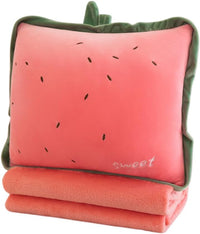 Rikyo pink strawberry travel pillow with a plush blanket folded inside a zip pouch
