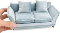 iLAND 1:12 scale dollhouse couch in turquoise blue velvet with two cushions and two pillows - view 2