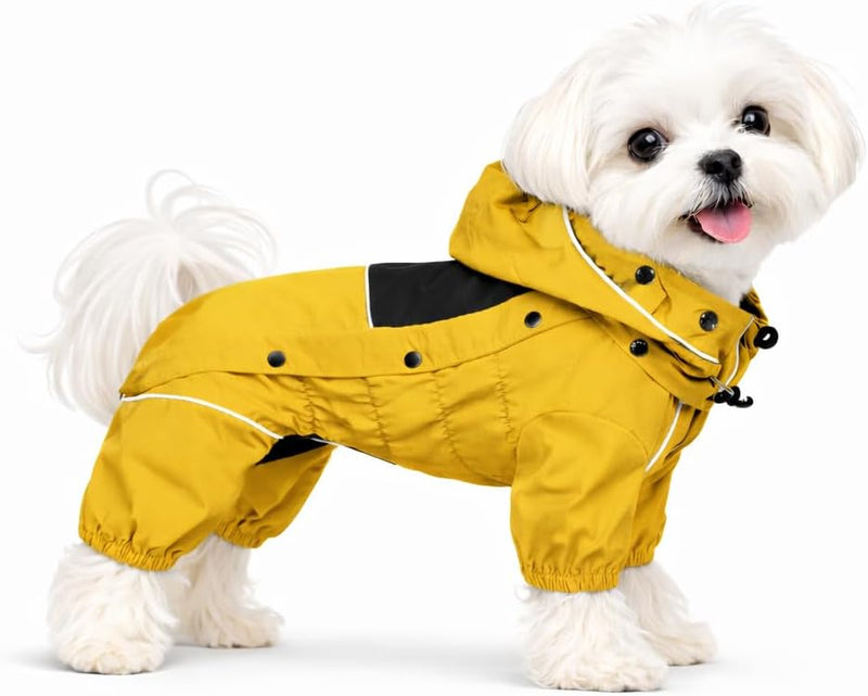 LOVELONGLONG Fleece-Lined Dog Raincoat with Removable Hood - Mustard Yellow Fleeced / XS (Back 10.5")