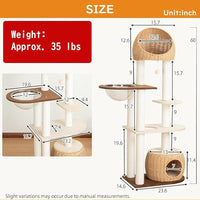 Wood Cat Tree 60'' with Woven Beds, 5-Level Natural Cat Condo with Sisal Posts & Clear Bubble Lounge, Multi-Level C at Furniture for Indoor Pets, Easy to Assemble (Brown-Particle Board)