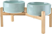 SPUNKYJUNKY Elevated Dog Bowls Ceramic, 7.3'' Dogs Food Water Bowls Raised with Non-Slip Bamboo Stand for Medium to Large Sized Breed Microwave Dishwasher Safe - 42 OZ,Light Green