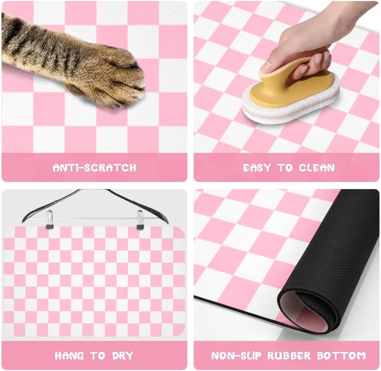 Dog Food Mats for Floors Waterproof - Plaid Pink / 32"L x 24"W - image 2
