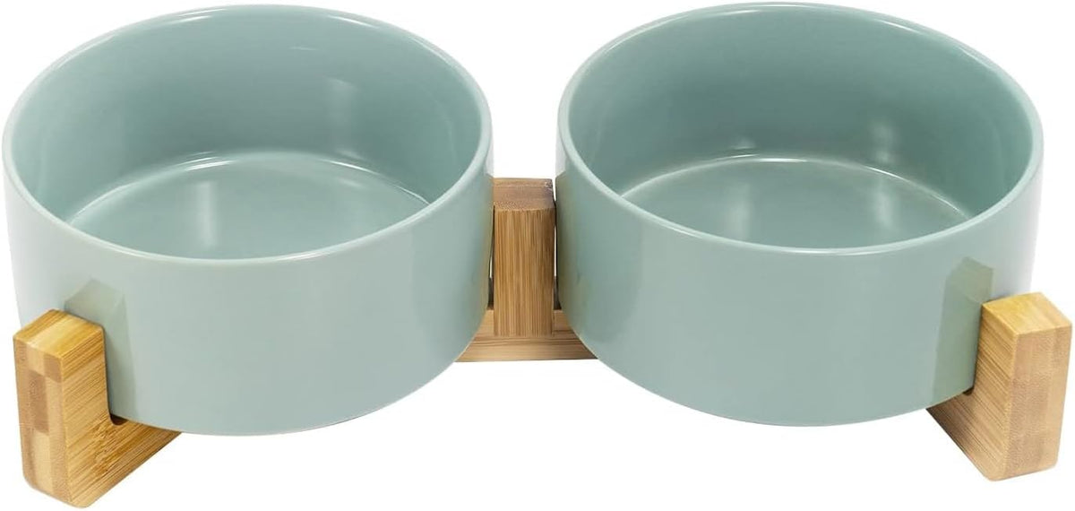 SPUNKYJUNKY Ceramic Dog and Cat Bowl with Wood Stand Non-Slip Matte - 3.6 cups / Morandi Green × 2