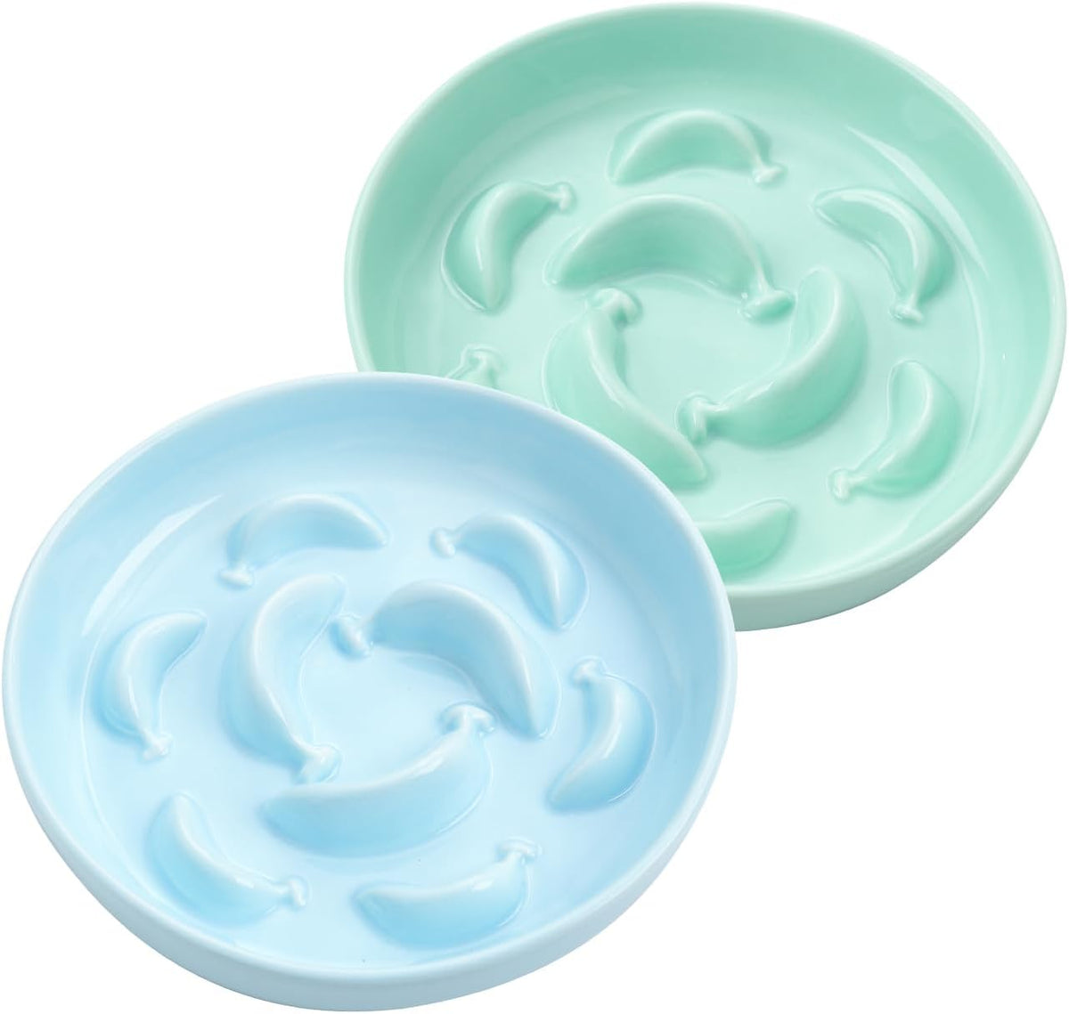 2 Pack Ceramic Cat Slow Feeder Bowl Set, 6.3" Wide - Blue and Green