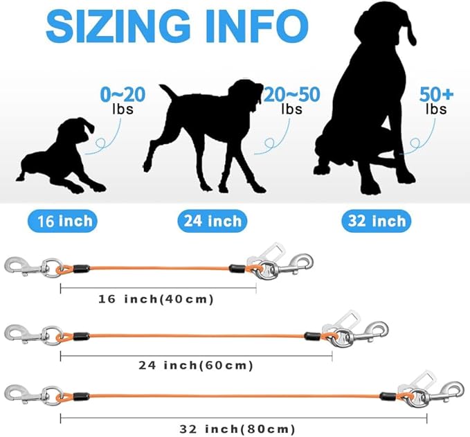 Dog Seat Belt Harness for Car,Dog Seatbelt of Coated Wire Leash Safety Restraint,No Chew Tether Cable Vehicle,Double Clips & Latch(Orange, 24 inch/60 CM)