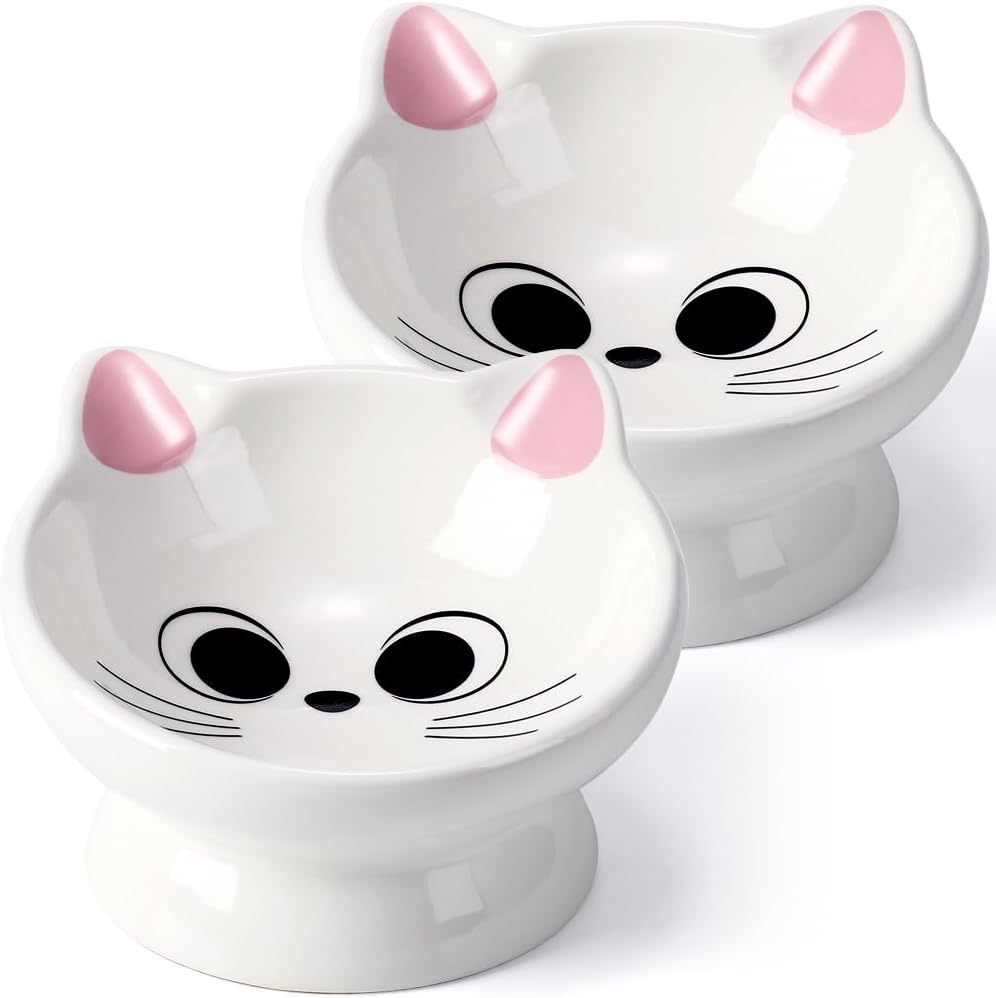 Raised Cat Food Bowl Ceramic 15° Tilted Cat Food Bowls Protect Cat's - Pink2P / 2