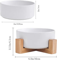Ceramic Dog Cat Bowl with Wood Stand,Cat Food & Water Bowls Elevated Non-Spill Modern Cute Kitty Dishes Heavy Weighted Round Pet Dishes Set for Kitten Small Cat(White)