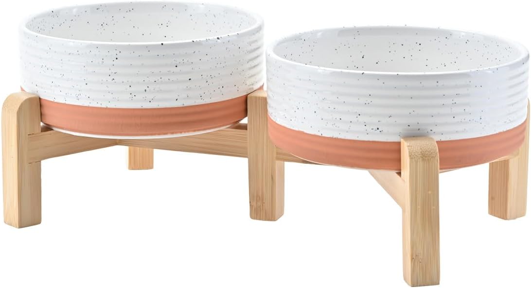 SPUNKYJUNKY Elevated Dog Bowls Ceramic - 5.1 in - 1.7 cups / Pattern White