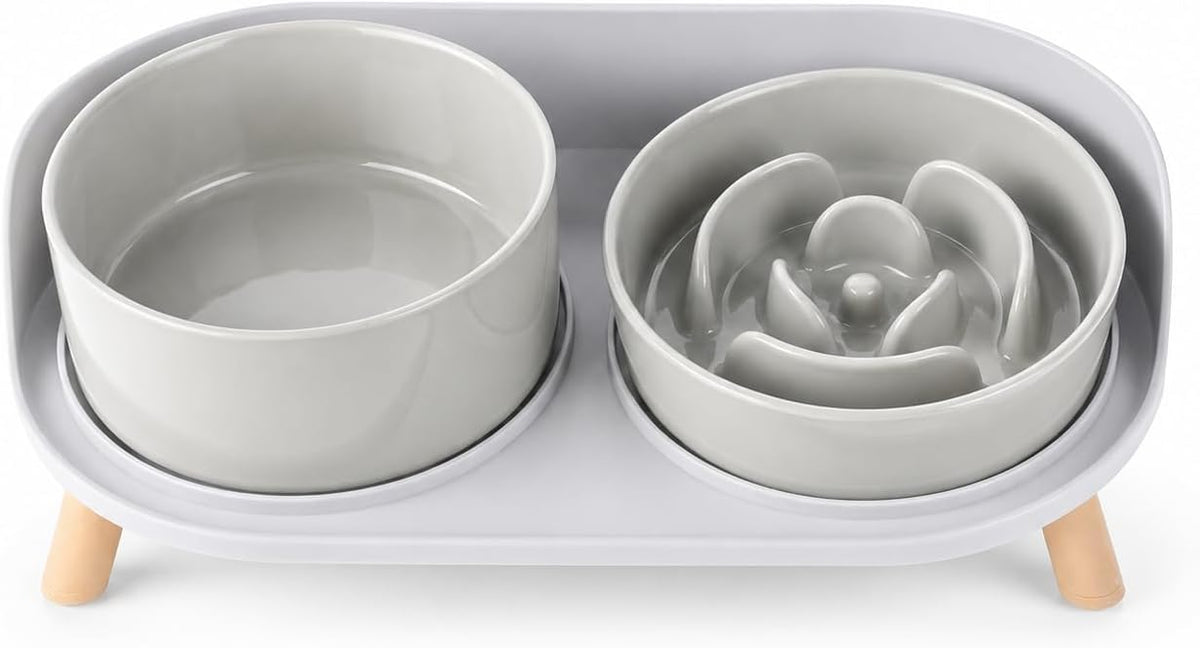 Elevated Slow Feeder Dog Bowls with Splash Proof Stand - Medium / Grey