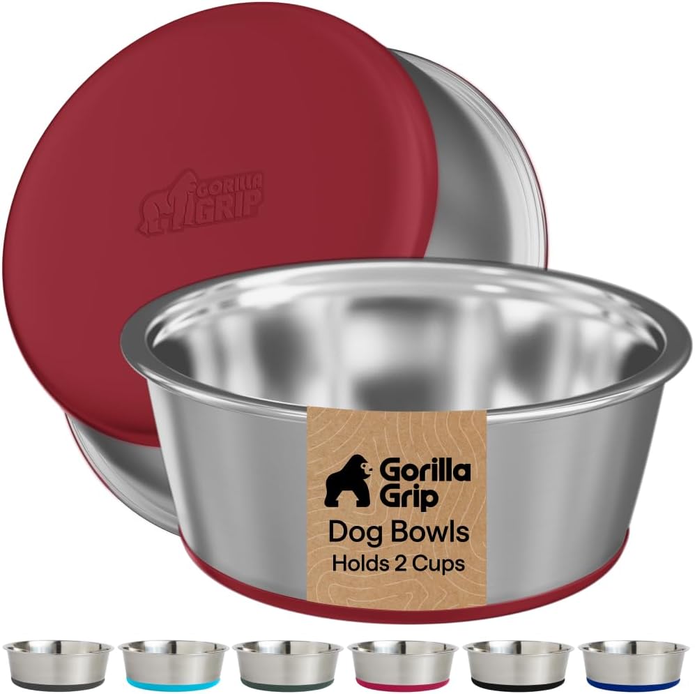 GORILLA GRIP Dog Bowl Set, Food Grade 304 Stainless Steel, 8 Cup - Red / 2 Cup (Set of 2)