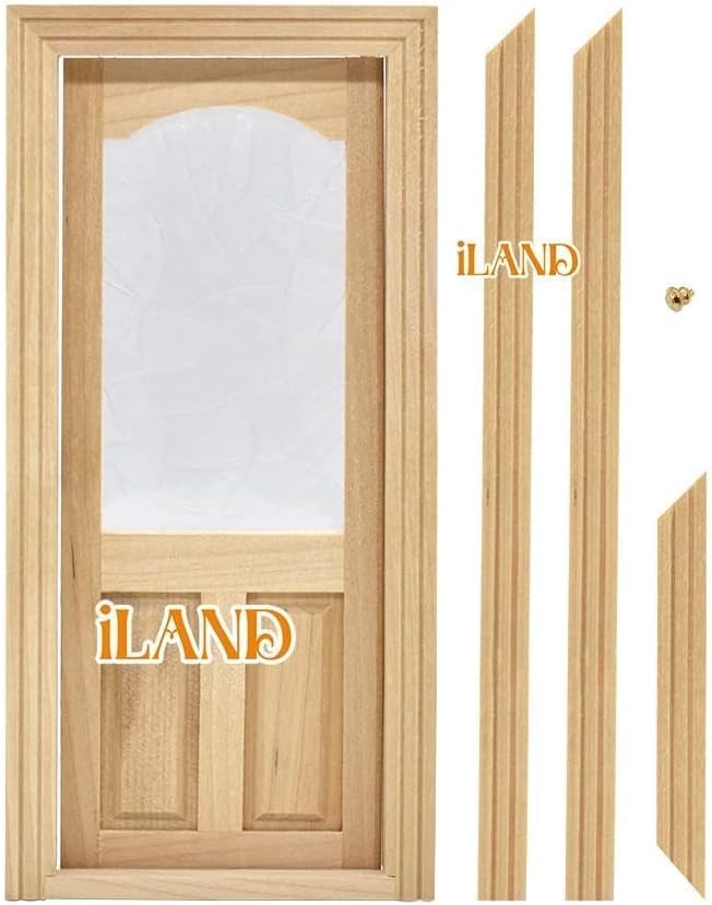 iLAND 1:12 scale unfinished wooden dollhouse door with 3D acrylic windowpane and gold handle - view 12