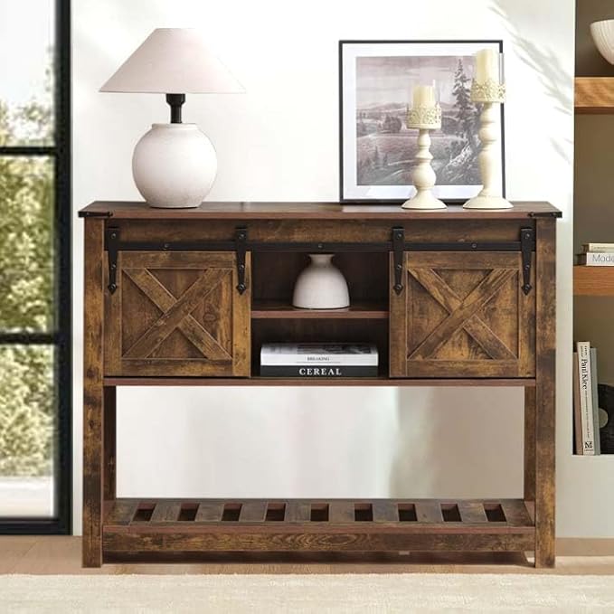 Entryway Table with Storage, Farmhouse Buffet Cabinet Coffee Bar Kitchen Island with Sliding Barn Doors & Shelves, Console Table for Kitchen, Dining Room, Living Room, Brown