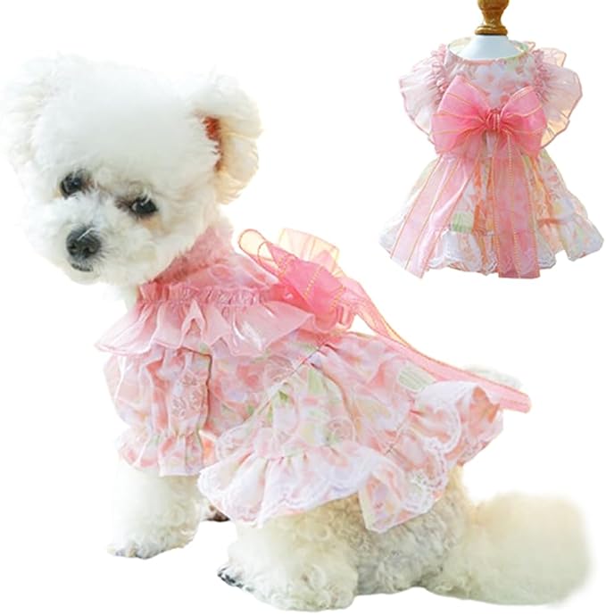 Pink Dog Dress for Small Dog Girl Spring Puppy Clothes with Bow Puff Sleeves Cat Outfit Doggy Princess with Leash Ring Doggies Harness Dress Summer Pet Apparel (Pink, Small)