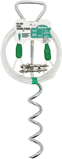 Petest 16 Inch Spiral Stake with 15ft Reflective Tie-Out Cable for Medium Dogs Up to 60 Pounds DarkGreen & Silver