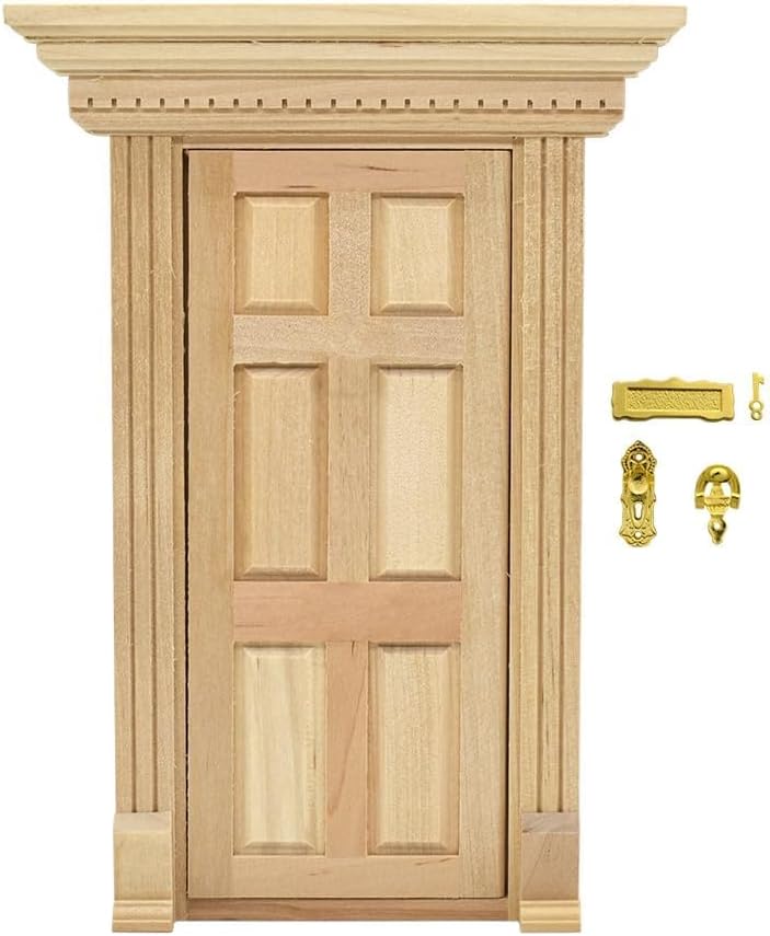 iLAND 1:12 scale unfinished wooden dollhouse door with 3D acrylic windowpane and gold handle - view 15