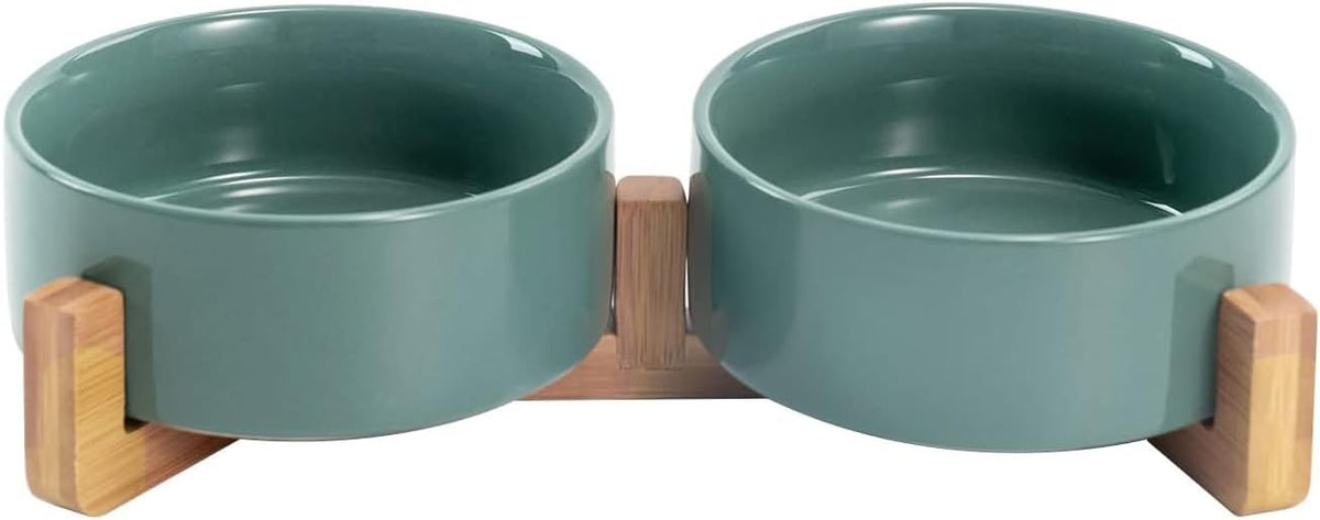 SPUNKYJUNKY Ceramic Dog and Cat Bowl with Wood Stand Non-Slip Matte - 1.7 cups / Light Green × 2