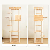 74.8" Wooden Cat Tree Tower for Large Cats, Multi-Level Cat Climbing Furniture with Scratching Posts, Cat Condo & Hammock, Natural Wood Cat Activity Center (White)