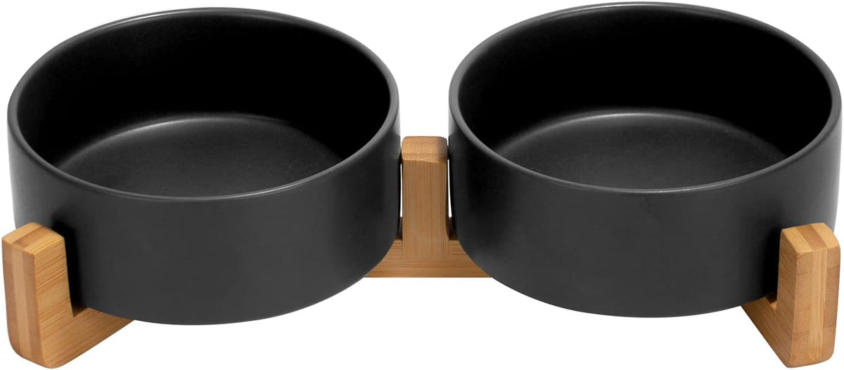 SPUNKYJUNKY Ceramic Dog and Cat Bowl with Wood Stand Non-Slip Matte - 1.7 cups / Black × 2