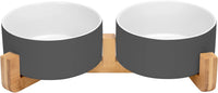 SPUNKYJUNKY Ceramic Dog and Cat Bowl with Wood Stand Non-Slip Matte - 3.6 cups / White-Grey × 2