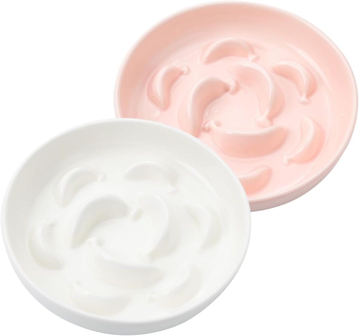 2 Pack Ceramic Cat Slow Feeder Bowl Set, 6.3" Wide - White and Pink