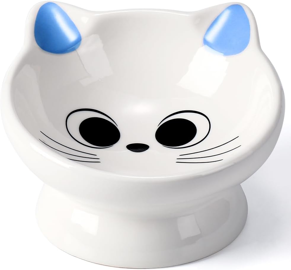 Raised Cat Food Bowl Ceramic 15° Tilted Cat Food Bowls Protect Cat's - Blue Ears / 1
