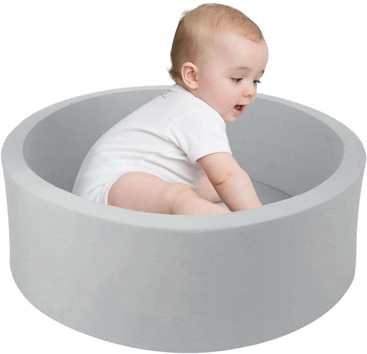TRENDBOX light gray memory foam ball pit, 27 inch round, shown without balls
