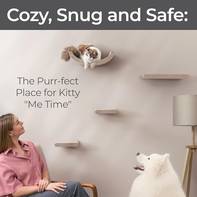 Wall Mounted Cat Shelves (Set of 4) by Pryde Pets - 100% Sustainable PET Felt Feline Enrichment Climber Furniture for Small & Large Indoor Cats, Modern Climbing Gym Jungle Design (Oatmeal)