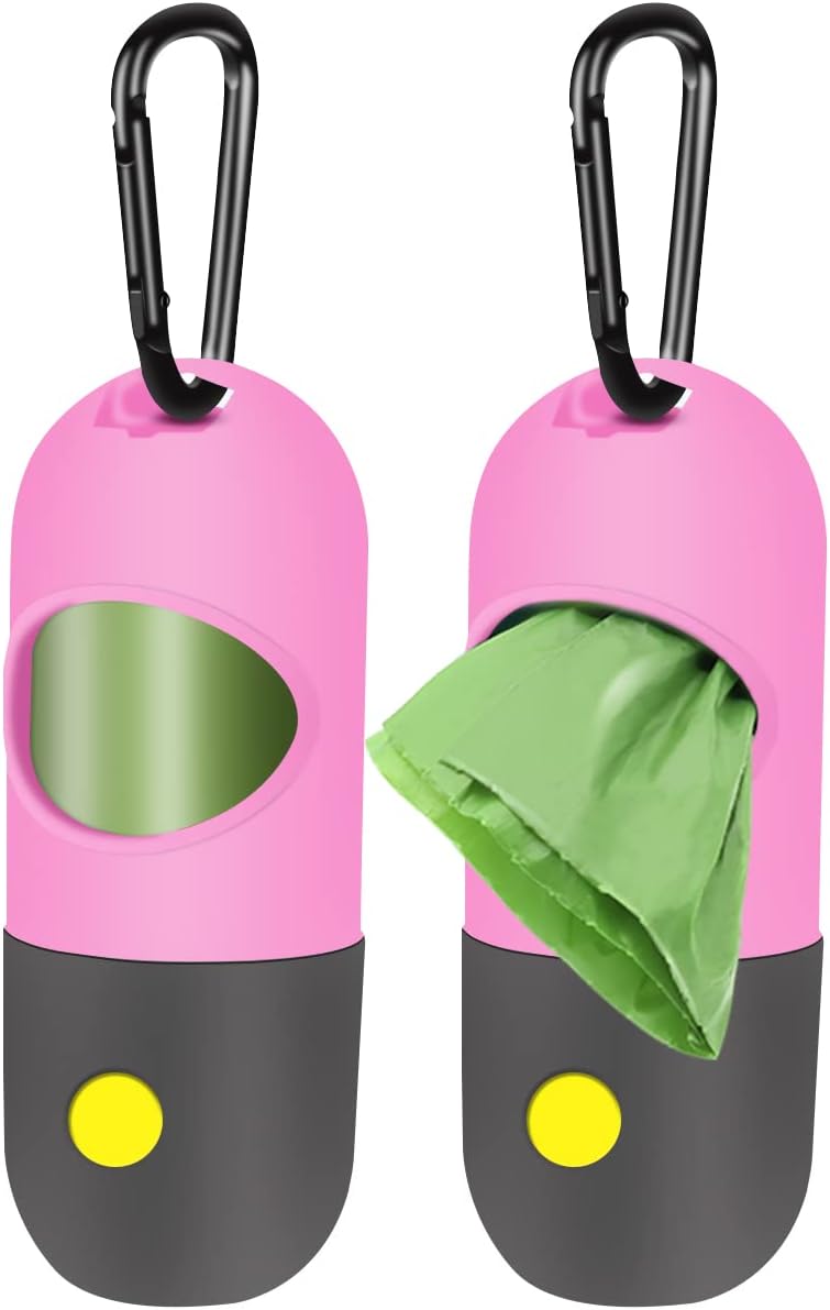 2 Pack Dog Poop Bag Dispenser with Built-in LED Flashlight - Pink