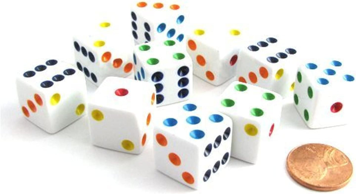 Set of 10 Six Sided D6 16mm Standard Dice White with Multi-Color Pips – Fun for Kids & Family