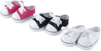 Emily Rose 14 inch doll shoes, three canvas sneakers in pink, white and black