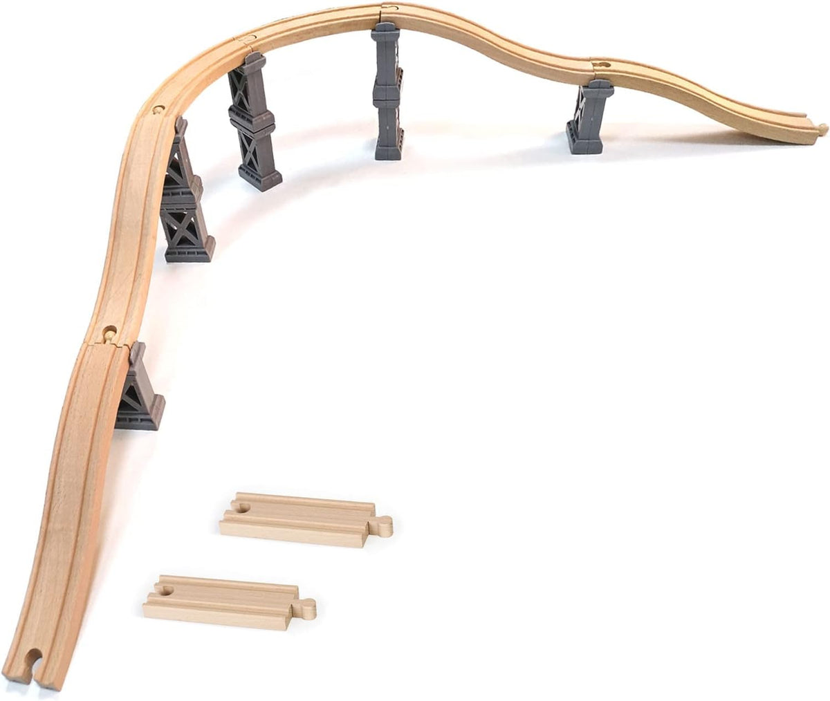 OrgMemory wooden train track bridge supports in natural beech wood with straight tracks