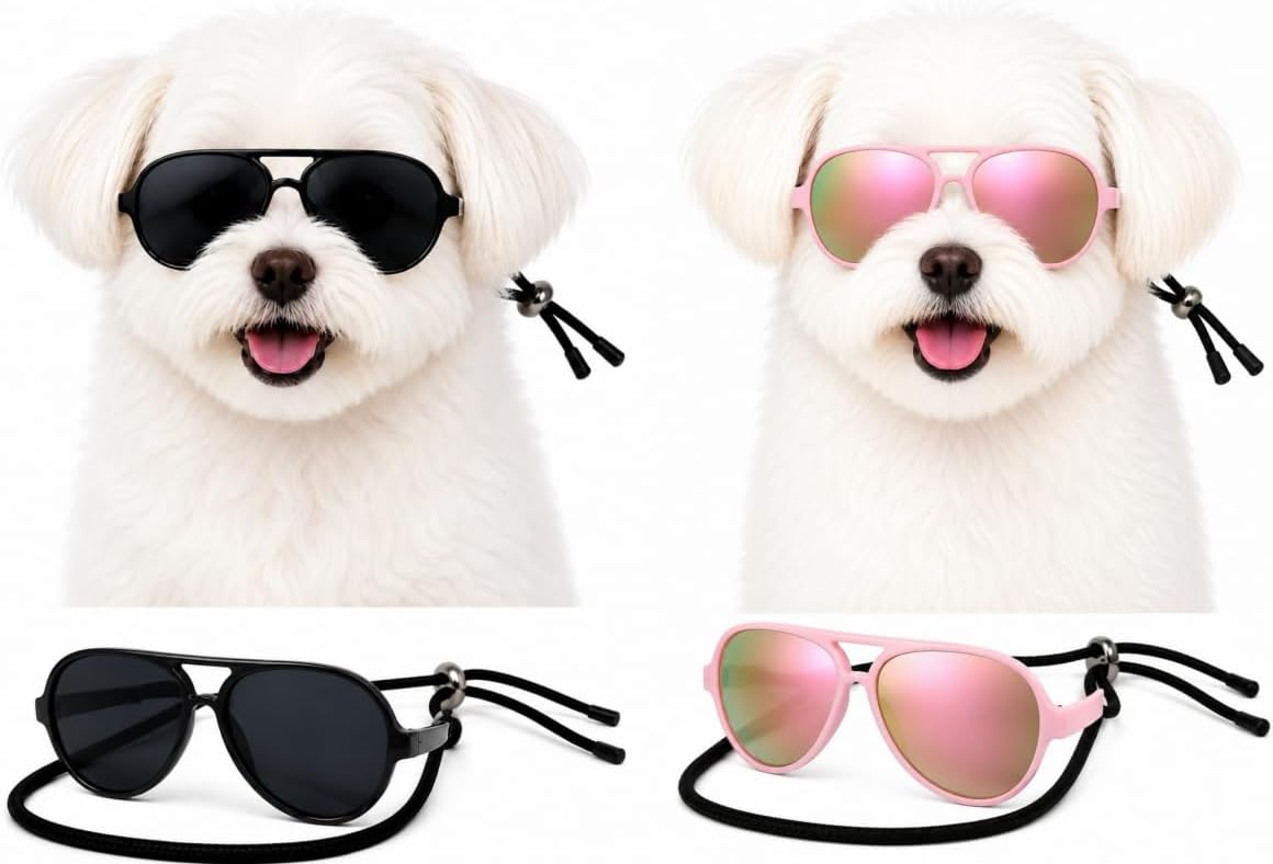 G029 Small Dog Breed up to 15lbs Cat Pet Aviator Sunglasses Glasses – Essentials for Dogs - S, Up to 15 lbs, 2-pack Black + Pink-pink mirror