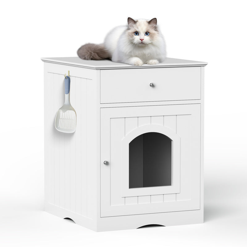 White Wooden Cat Litter Box Enclosure W Drawer & Side Table, Indoor Pet Crate Nightstand For Home