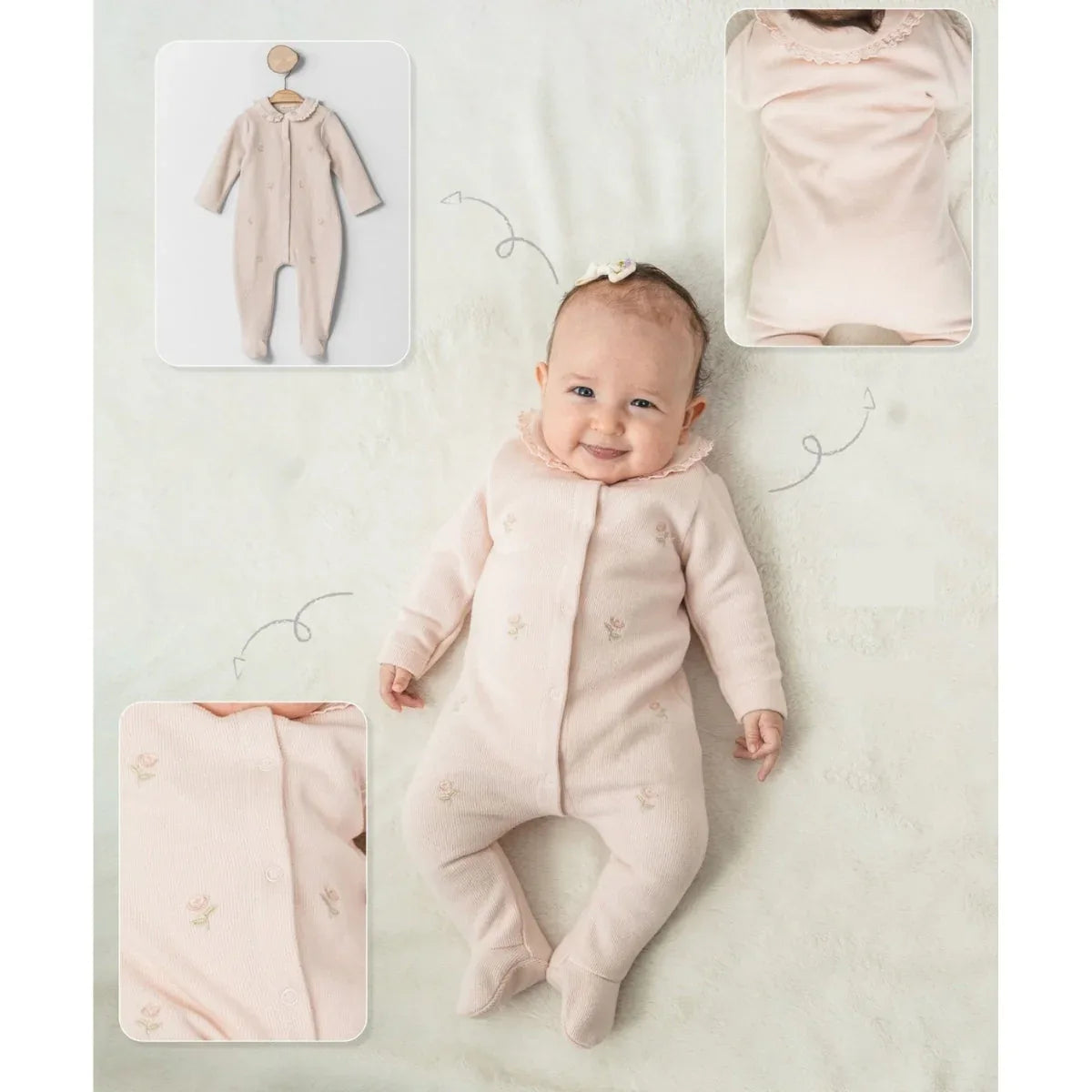Baby Girl Floral Embroidered Romper | Soft Footed One-Piece - BIG FRENCHIES