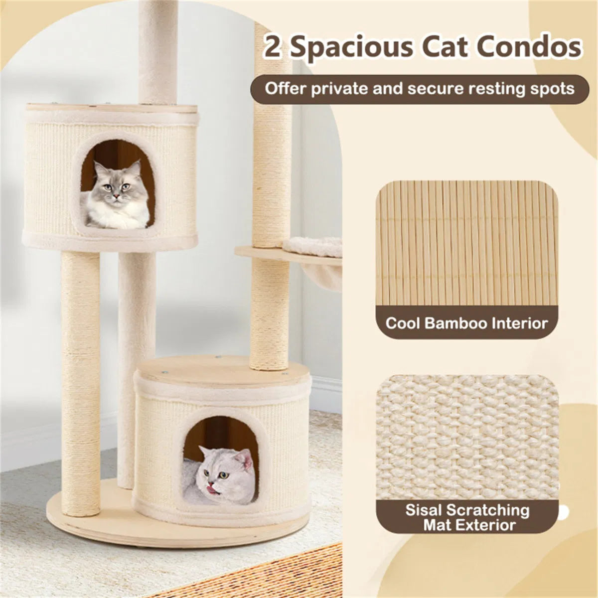 60 Inch Tall Wooden Cat Tree Multi-Level Cat Tower with Sisal Scratching Posts & Condos for Indoor Cats, Natural