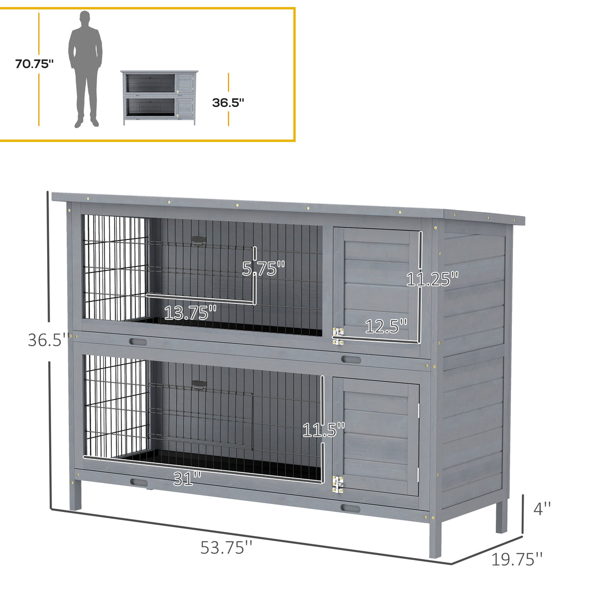 54" 2-Story Large Rabbit Hutch Bunny Cage Wooden Pet House Small Animal Habitat with Lockable Doors, No Leak Tray and wa