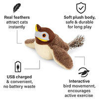 USB Rechargeable Flapping Bird Cat Toy, Realistic Chirping White Faced Sparrow Plush Toy, Motion Activated Electronic In