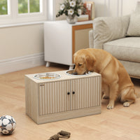 Elevated Dog Bowls with Storage Cabinet, 2 Stainless Steel Bowls, Slow Feeder, Dog Feeding Station for Large Dogs, Oak