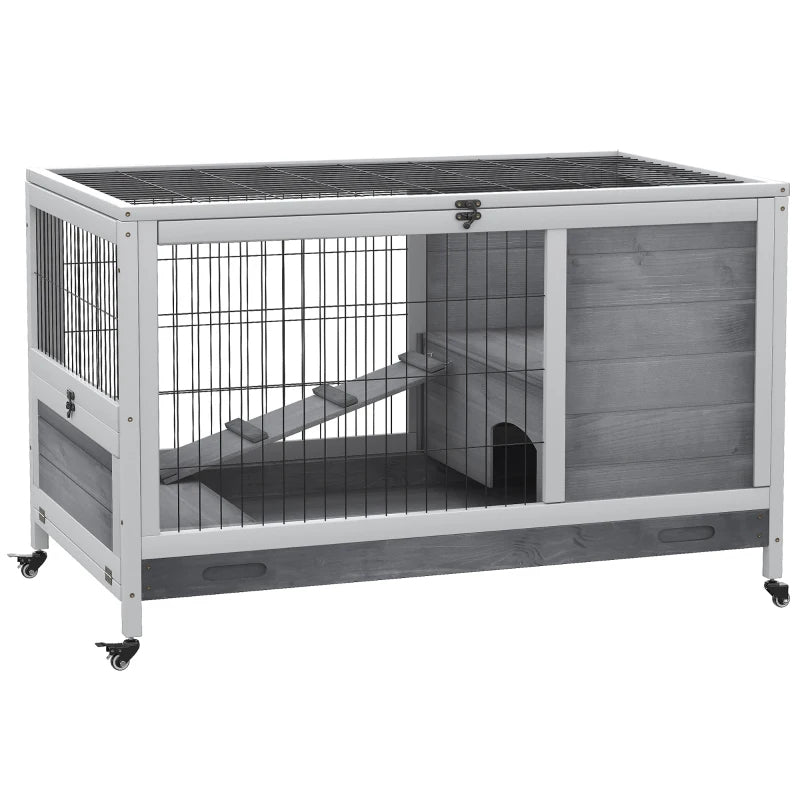 PawHut Indoor Rabbit Enclosure, Wooden Elevated Cage Habitat With Enclosed Run With Wheels - Ideal For Rabbits And Guine