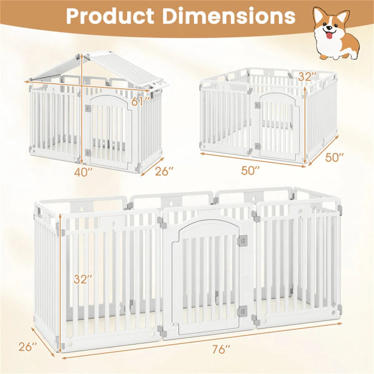 8-Panel HDPE Pet Fence (White) - Multiple Configurations (Octagon/Square/House), 50"x50"x32" Square Size, Lockable Door