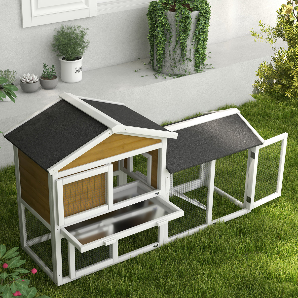 58" Wooden Rabbit Hutch with Run, Removable Tray, Asphalt Roof, Lockable Doors and Ramp, Nature Wood