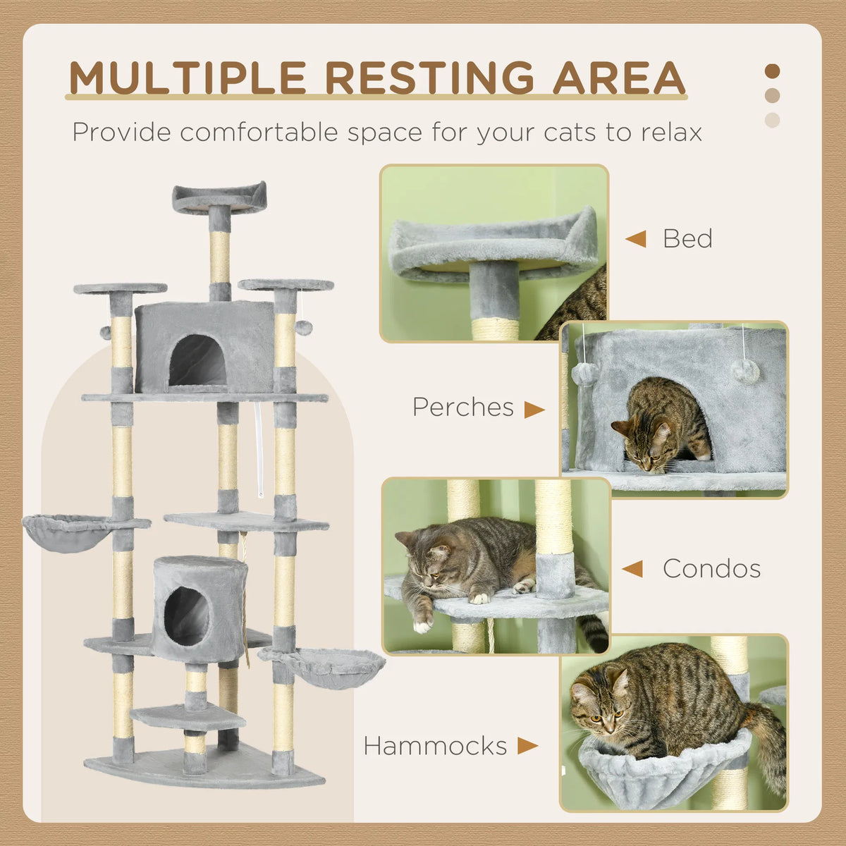 79" Cat Tree Multi-Level with Two Condos, Kitty Tower with Scratching Posts, Two Hammocks, Perches, Interactive Toys, Da